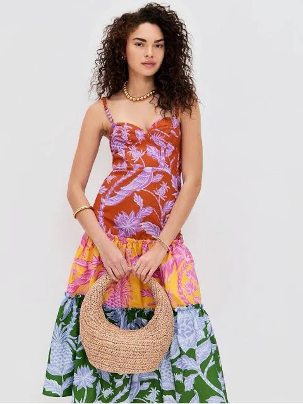 Farm Rio Tropical Swing Mix Midi Dress Orange & Green XS